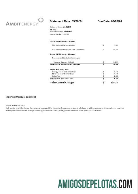 imprimível Página de modelo 3 de projeto de lei de serviços públicos de energia da Ambit Energy dos EUA e modelo PDF